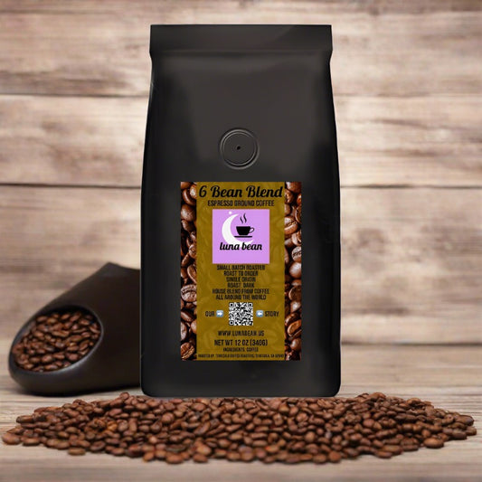 Luna Bean 6 Bean Blend dark roast espresso coffee bag